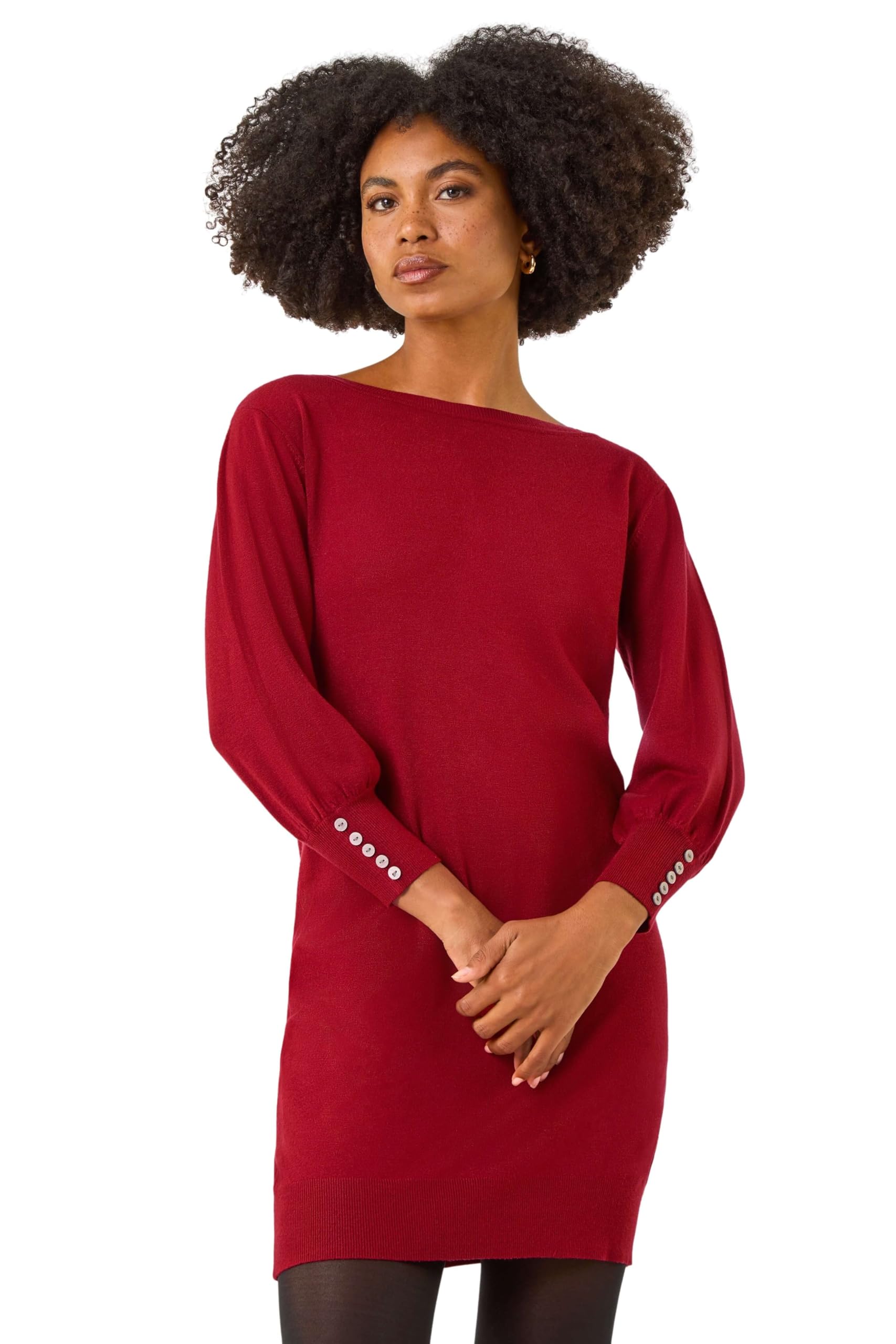 Roman Originals Women's Red Knitted Jumper Dress For Uk Stretchy Knit Knitwear Autumn Winter Casual Smart Pull On Work Long Sleeves Slouch Above Knee Short Length - Size 16