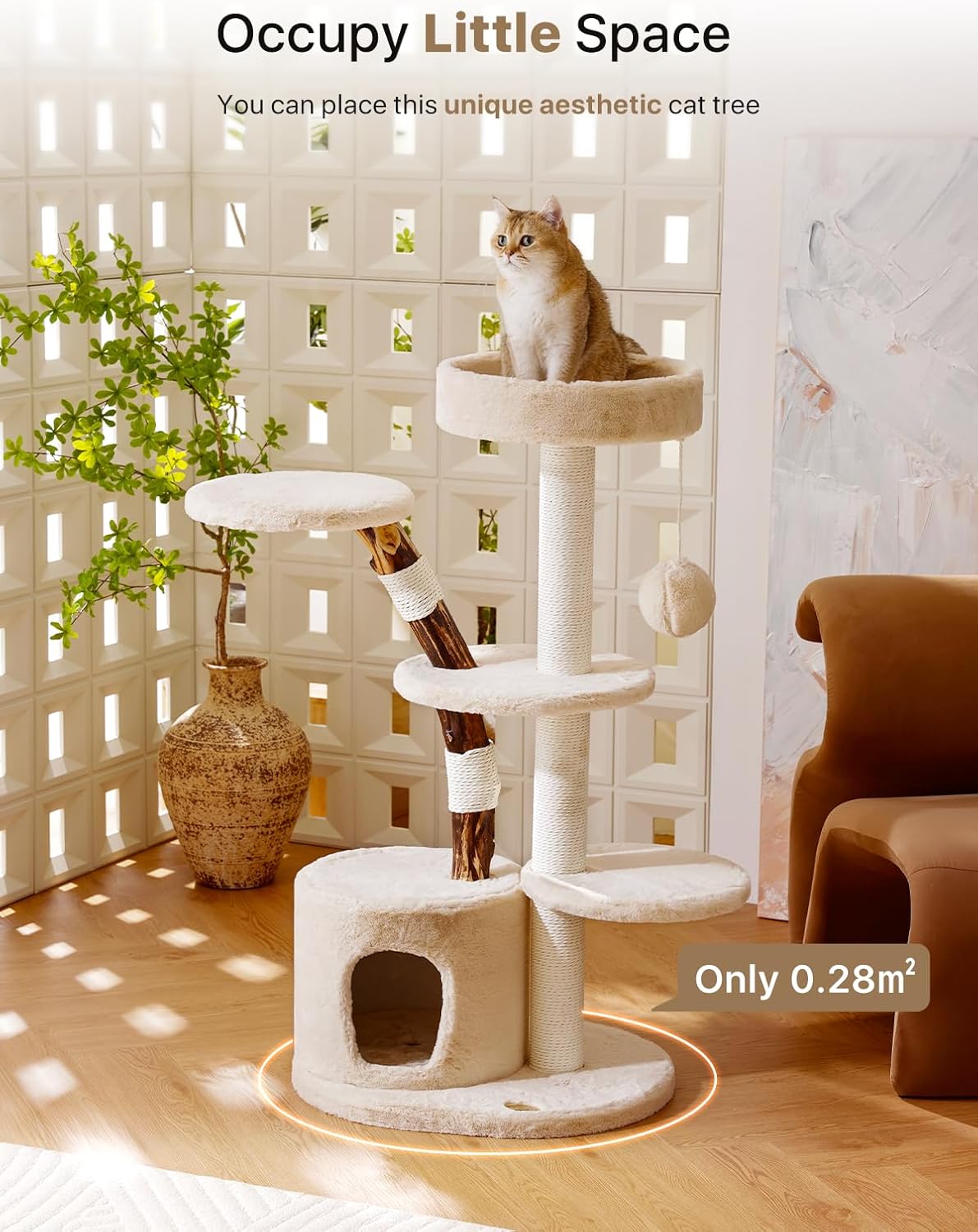 review Small Modern Unique Aesthetic Cat Tree for Indoor Cats Large Adult,46 Inches Tall Natural Real Wooden Cat Tree with Scratching Post,Condo,Perch,Senior Luxury Sturdy Cat House,Cat Furniture
