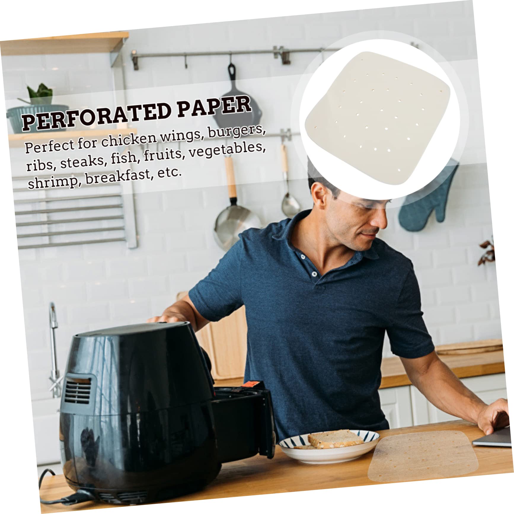 UTHCLO 100pcs Square Perforated Paper Wood Pulp Paper for Air Fryer Basket Steaming Basket Mat Food Safe