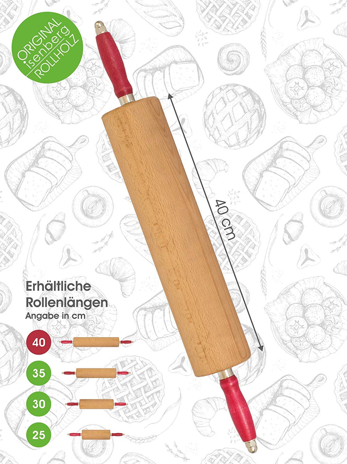 Teigroller Rollholz Wellholz mit Edelstahlkugellager Buche Walzenlängen 40 cm Isenberg