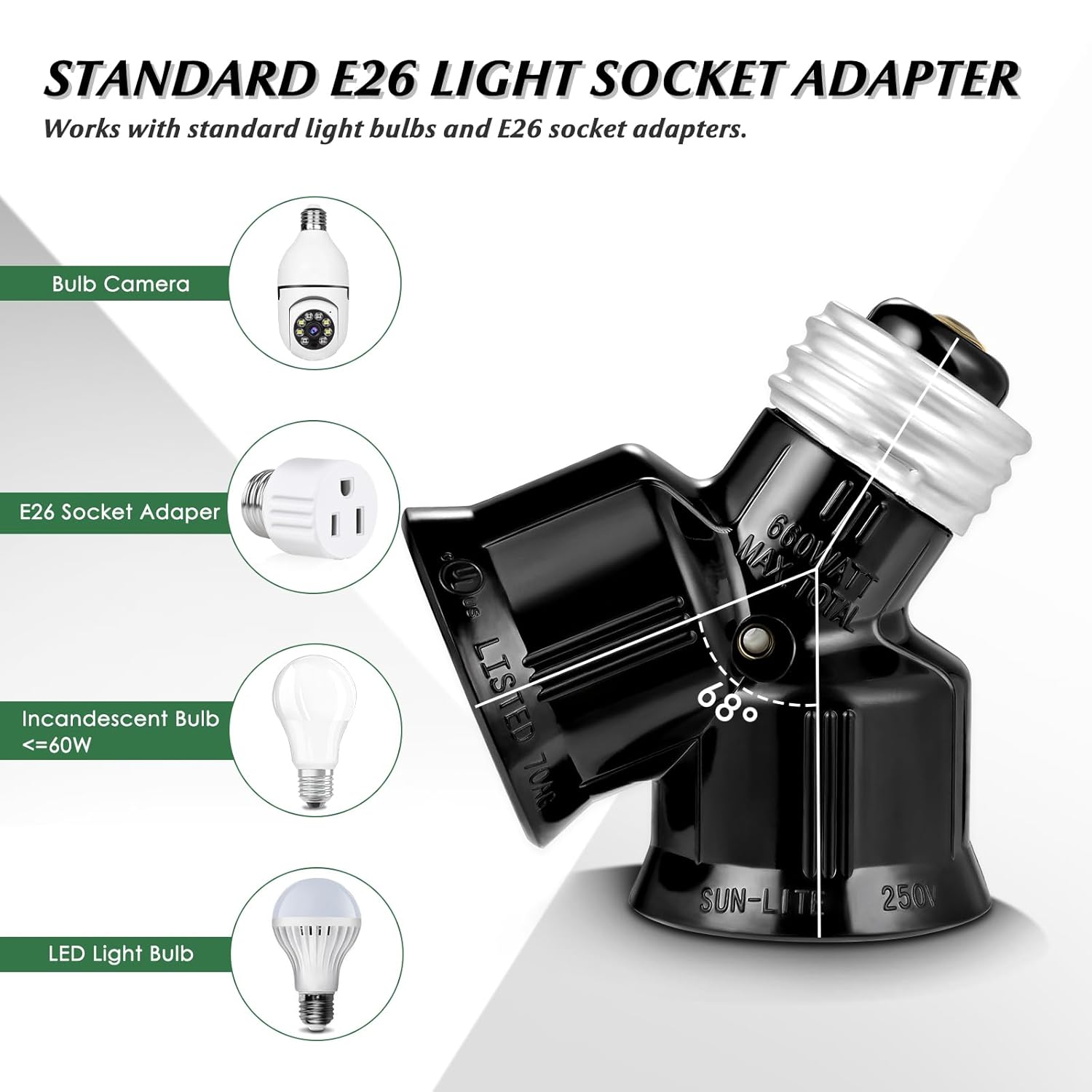 Double Light Socket Adapter, Dual Light Bulb Splitter, Twin Bulb Holder Converter, Add Extra Lamp in Garage Increase Camera in A Socket. UL Listed (Black, 2)