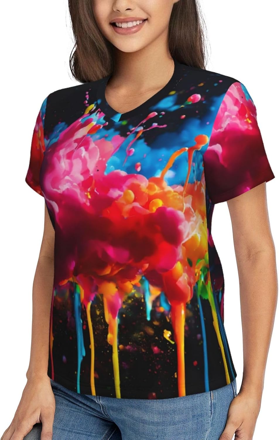 Women Casual Paint Splatter Backdrop Print V-Neck T-Shirt Short Sleeve Summer Trendy Tops.