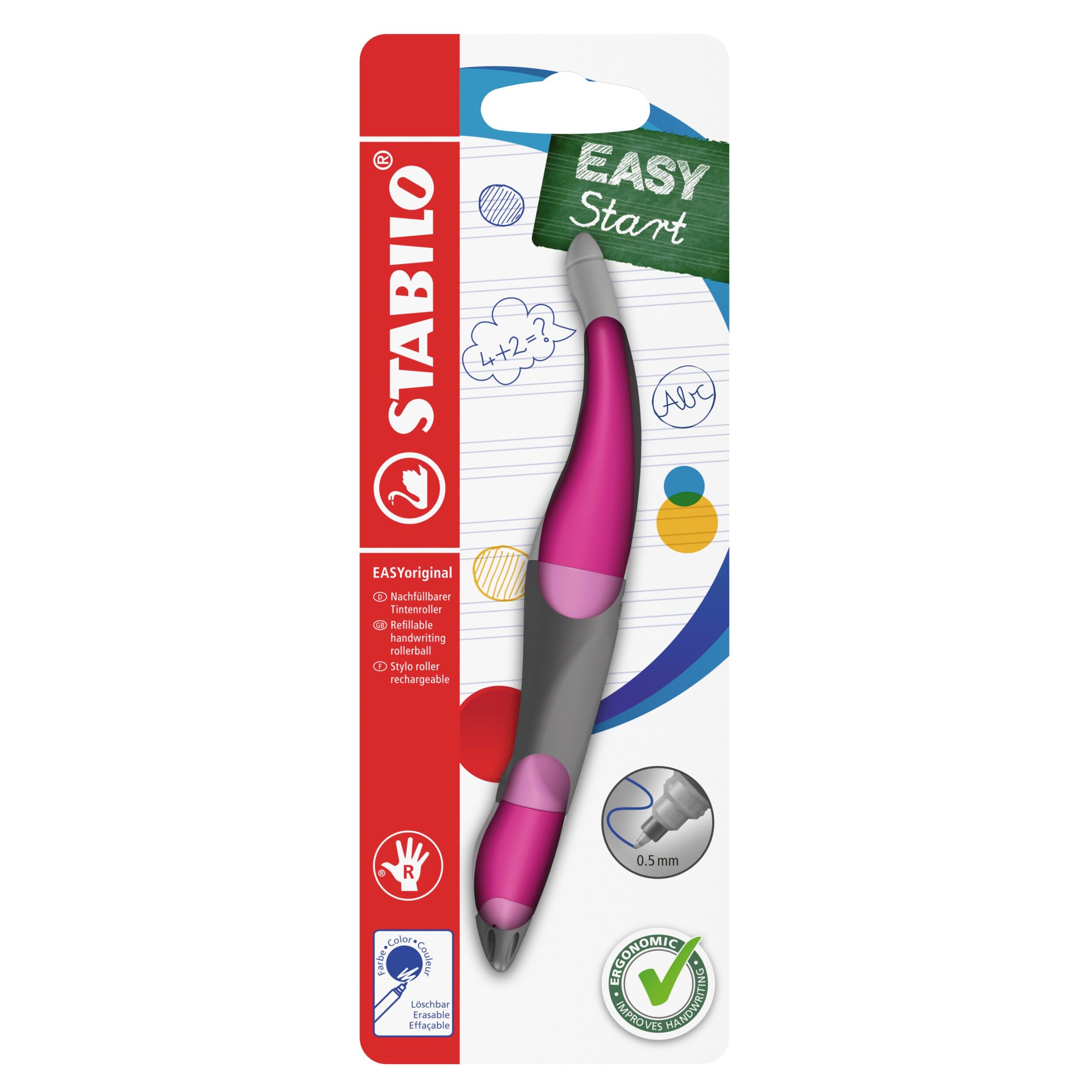 STABILO EASYoriginal Ergonomischer Tintenroller für Rechtshänder – pink hell/dunkel, blau löschbar