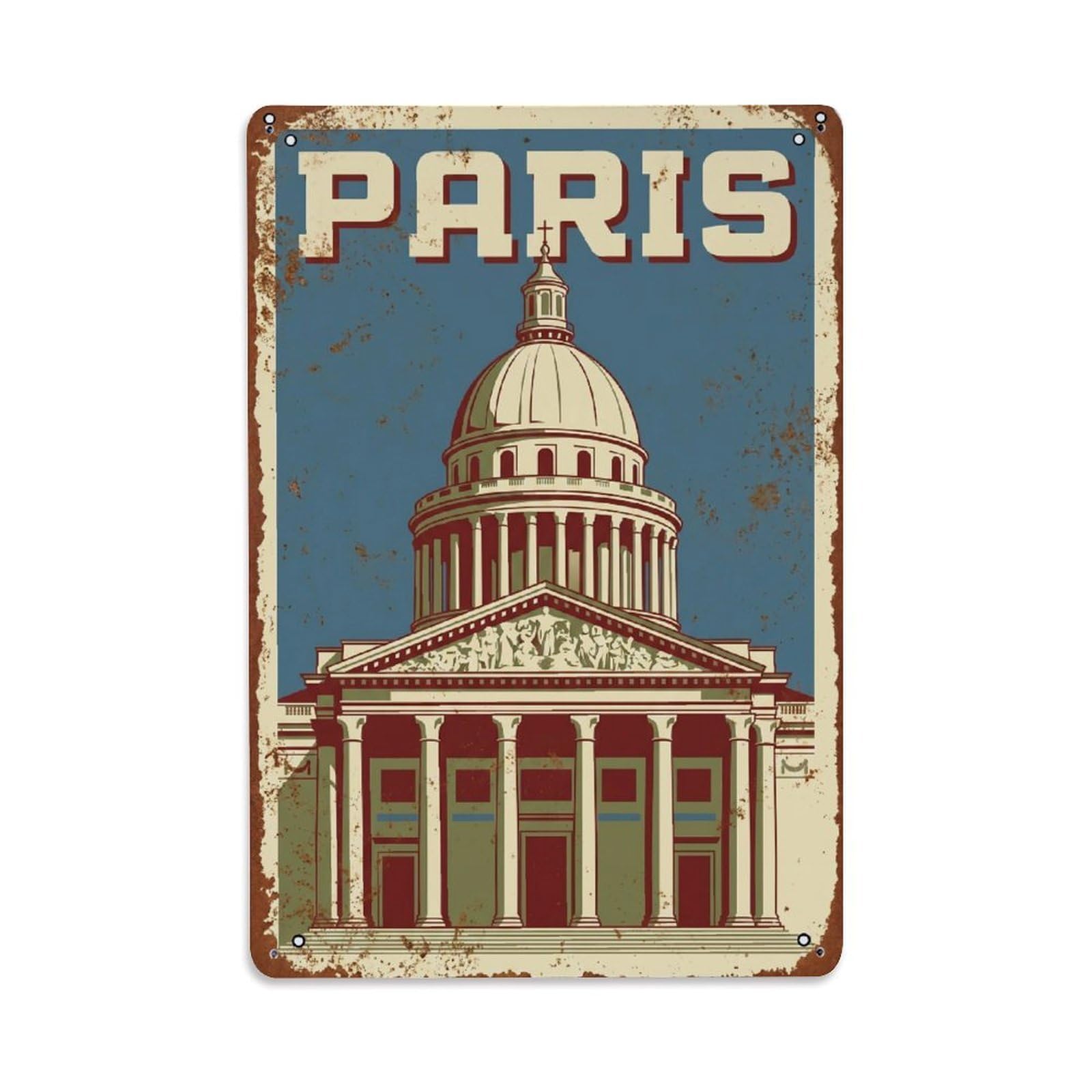 Vintage Travel Paris Panthéon Monument Rusted France Metal Tin Sign Plaque Wall Decor for Cafe, Club Bar, Office, Home Garden Metal Poster 8x12Inch