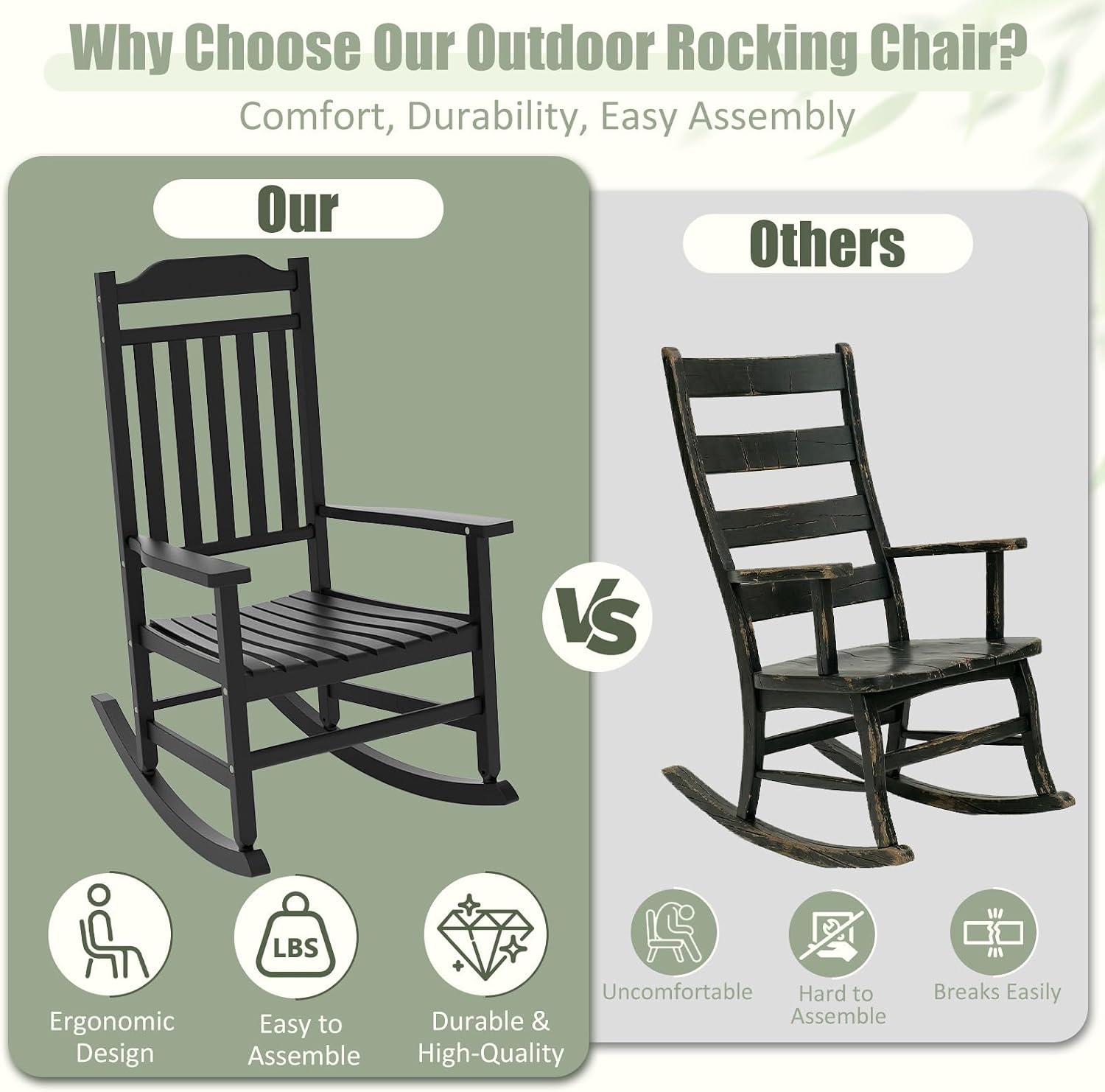 EFU Outdoor Rocking Chairs Set of 2 with Side Table, Weatherproof Furniture | Oversized Ergonomic Front Porch Chairs Set of 2, Small Outdoor Table, All Weather Furniture for Proch, Lawn, Garden, Patio image 3