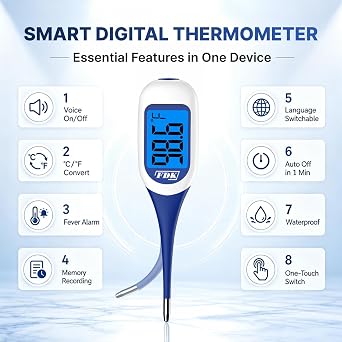 FDK Large LCD Screen Digital Thermometer for Fever, 8 Seconds Fast & Accurate Readings, Large LCD Dual Color Backlight Flexible Tip Ideal for Adults Kids and Babies FSA