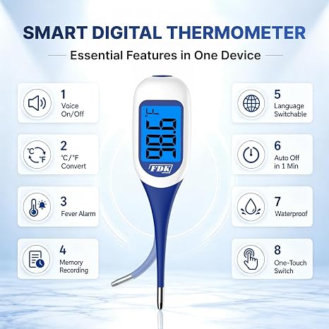 FDK Large LCD Screen Digital Thermometer for Fever, 8 Seconds Fast & Accurate Readings, Large LCD Dual Color Backlight Flexible Tip Ideal for Adults Kids and Babies FSA