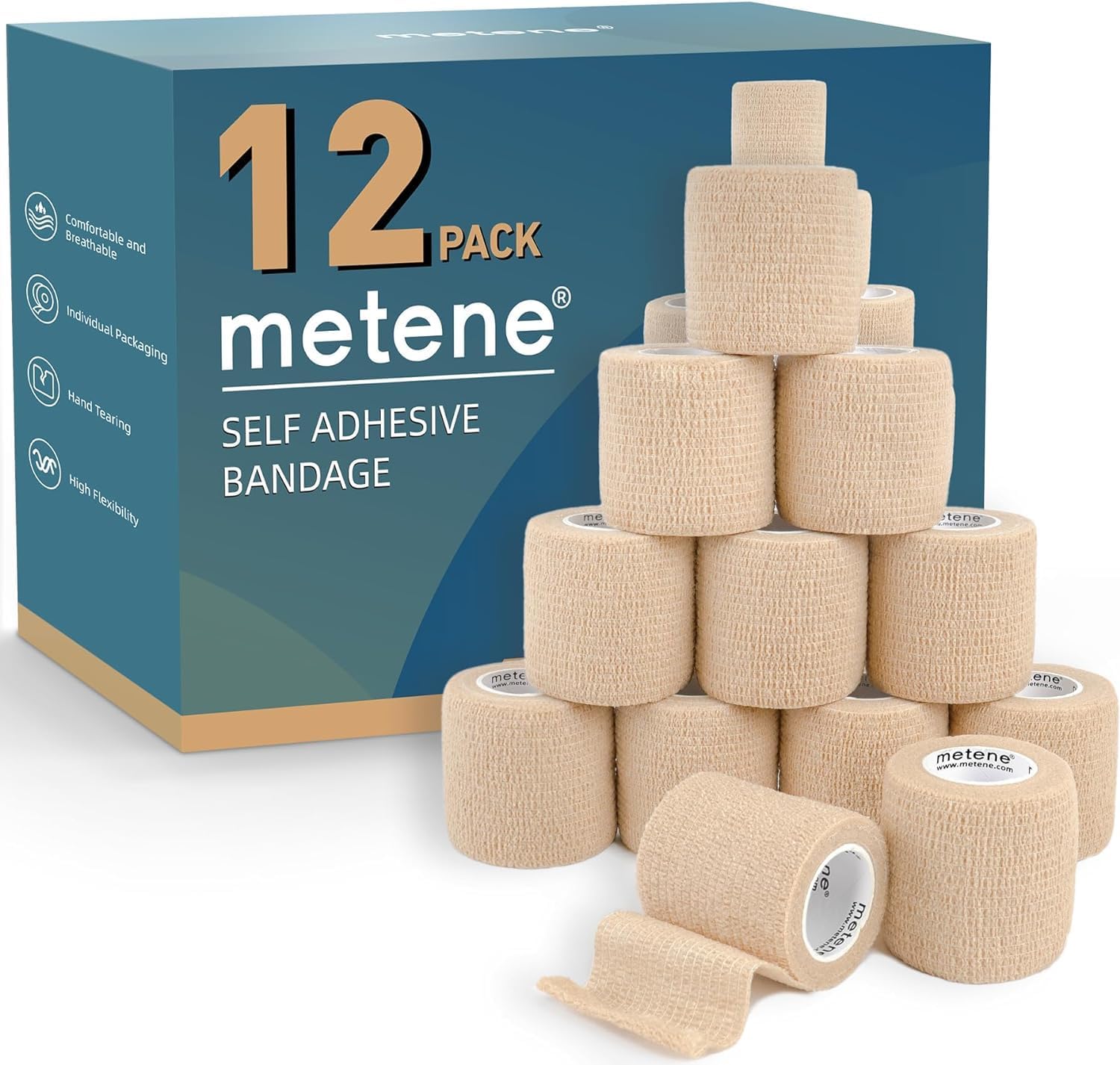 Metene Self Adhesive Bandage Wrap 12 Pack, Athletic Tape 2 Inches X 5 Yards, Sports Tape, Breathable, Waterproof, Elastic Bandage for Sports, Wrist and Ankle Wrap Tape, Non-Woven Bandage (Brown)