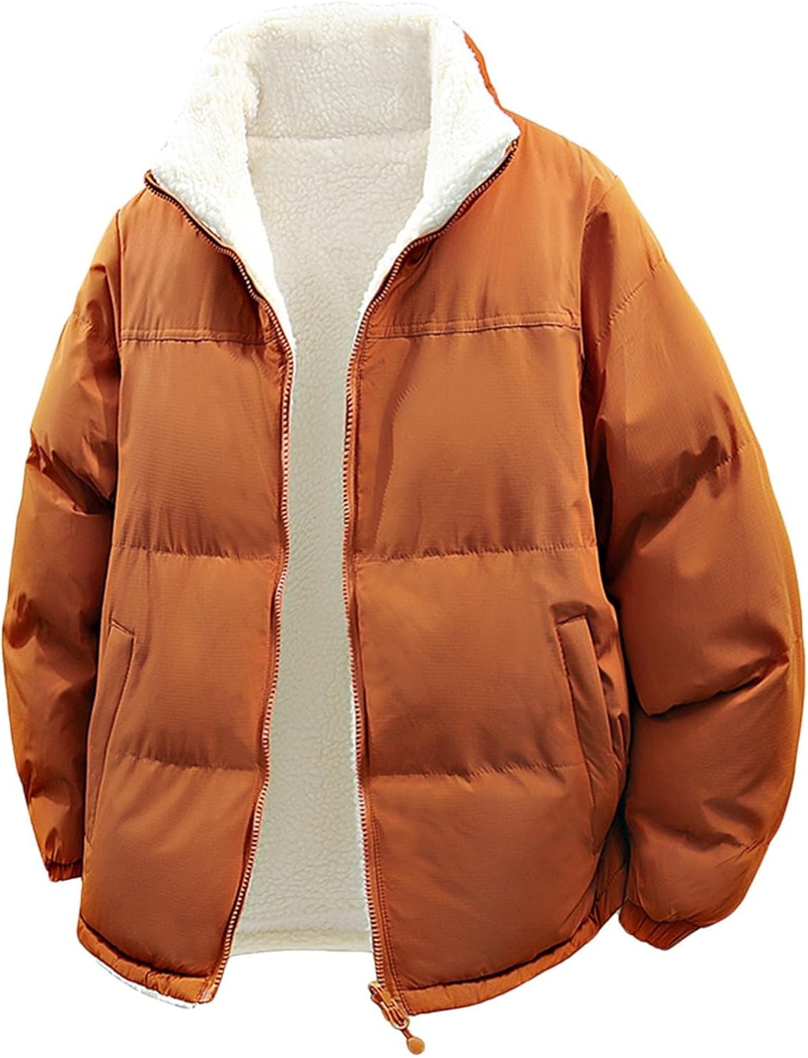 Mens Fleece Jacket Reversible Thick Winter Coats Stand-up Collar Windproof Warm Padded Jackets with Zipper Pockets