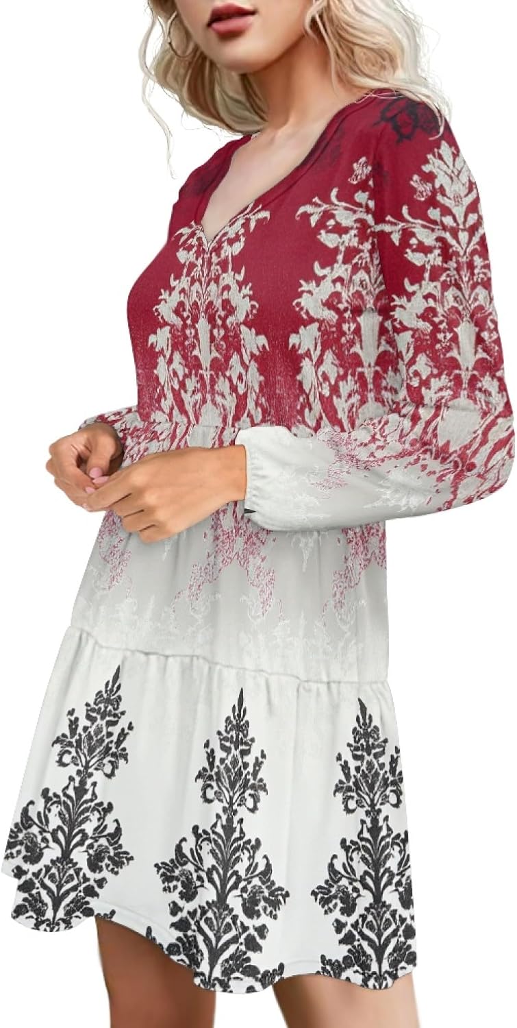 domirica Women 2025 Floral Print Puff Long Sleeve V Neck Smocked Midi Casual Dress Empire Waist Tiered Swing Flowy Dress
