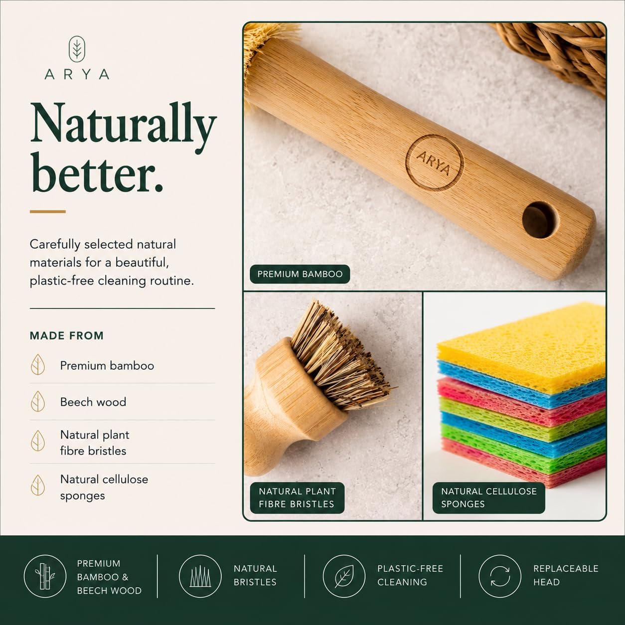 Dish Brush Set for Kitchen – Wooden Dish Brush with Replaceable Head, Bottle Cleaning Brush, 2 Bamboo Pot Brushes & 6 Natural Cellulose Pop-Up Sponges | Plastic-Free Kitchen Cleaning Set