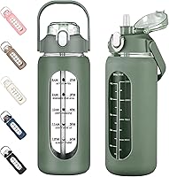 Vista 37 de kytffu Botellas de agua de vidrio de 64 onzas con popote, botella de vidrio motivacional de medio galón con funda de silicona y marcador de tiempo