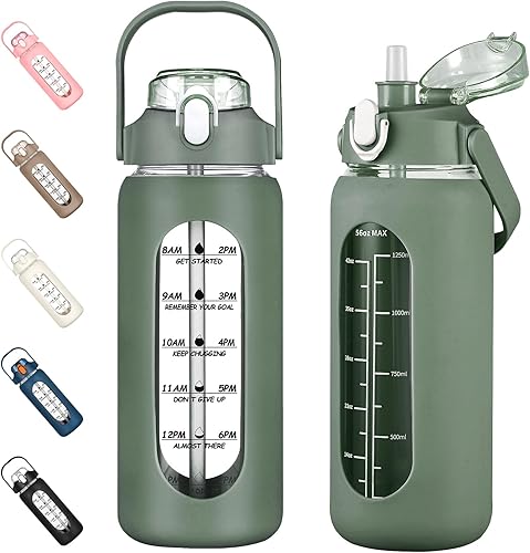 kytffu Botellas de agua de vidrio de 56 onzas con pajilla, botella de vidrio motivacional con funda de silicona y marcador de tiempo, jarra de agua