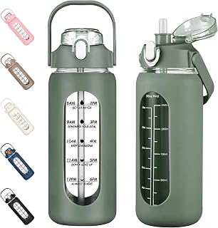 56oz Glass Water Bottles with Straw, Motivational Glass Bottle with Silicone Sleeve and Time Marker, Leakproof Large Glass Water Jug for Gym Home Office,Olive
