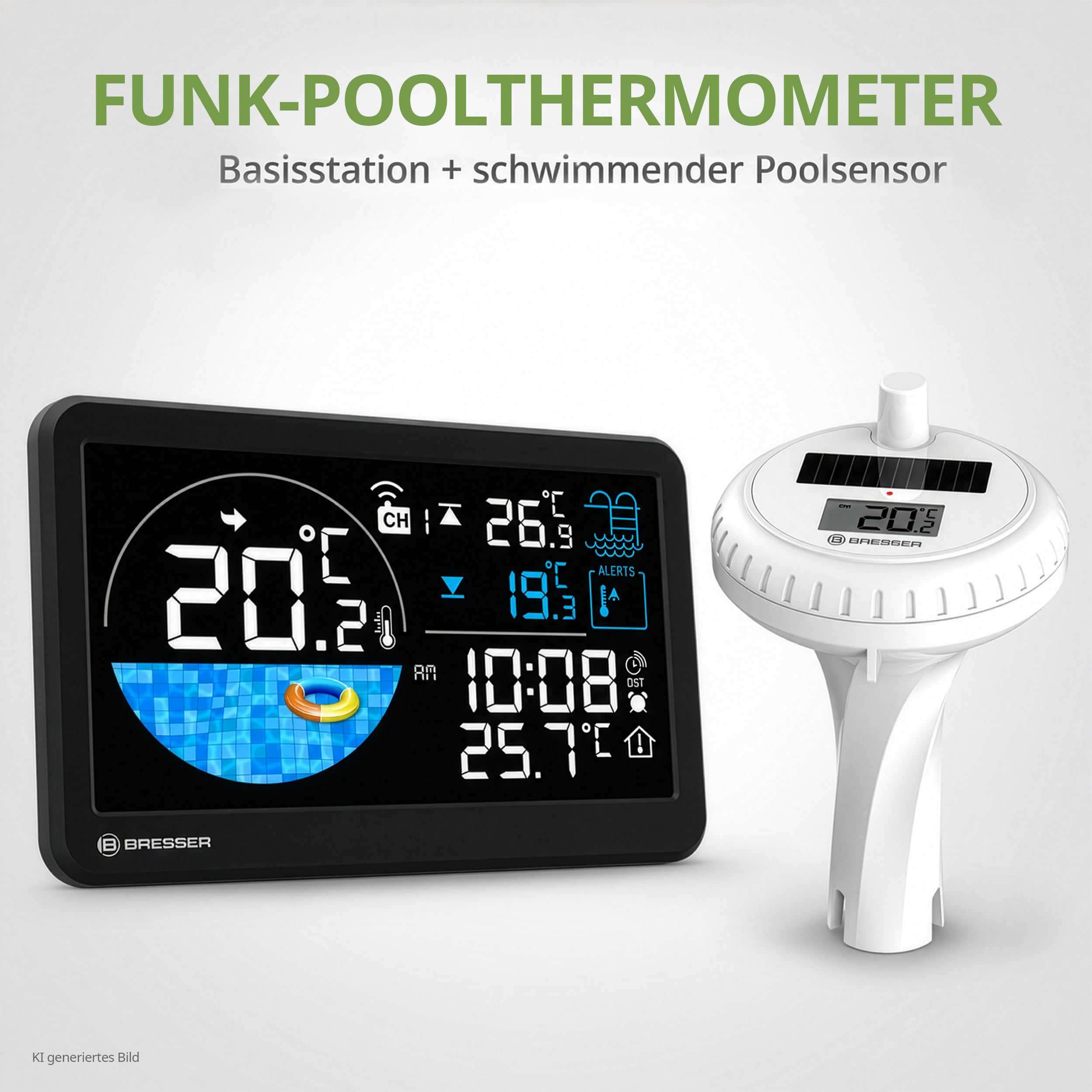 Termometro piscina wireless Bresser con pannello solare, temperatura acqua & stanza, allarme, orologio radio, IPX7