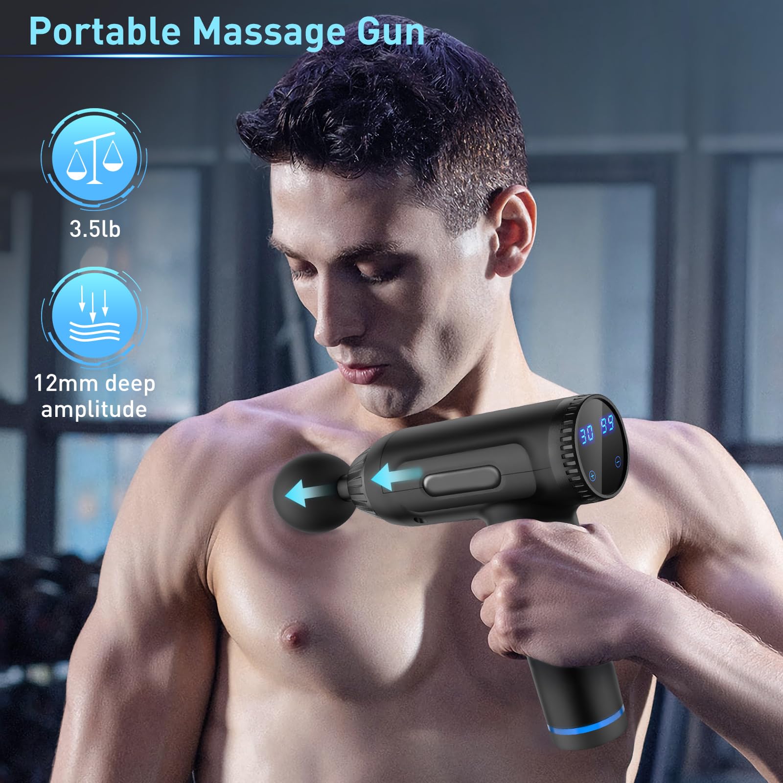 Muskelmassagepistole, 30 Geschwindigkeiten, leistungsstarkes Percussion-Tiefengewebe-Massagegerät, tragbare Muskelpistole, 6 Massageköpfe, LCD-Touchscreen, mit Handaufbewahrungstasche, für