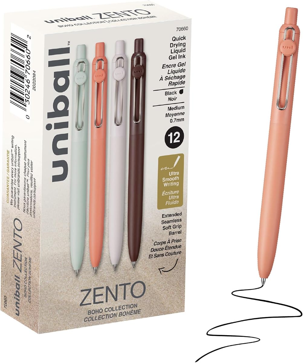 uniball™ Zento Gel Pens, Black Ink, 0.7mm Medium Point, 12 Count | Retractable, Smooth Writing, Quick-Drying, No Smear, No Bleed, Boho Barrel Colors
