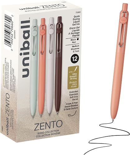 Uniball Zento Gel Ink Rollerball Pens, 12 Black Medium Point Smooth Writing Pens, Colored Japanese Pens, Boho Colors
