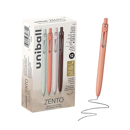 uniball™ Zento Gel Pens, Black Ink, 0.7mm Medium Point, Retractable, 12 Count, Smooth Writing, Quick-Drying, No Smear, No Bleed, Boho Barrel Colors
