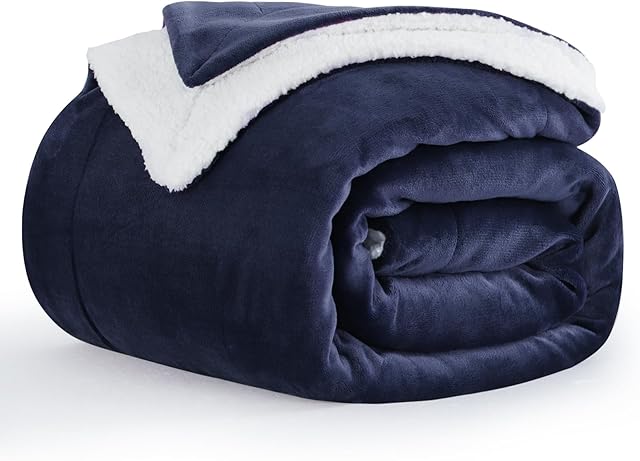 Aisbo Sherpa Fleece Throw Blanket Navy Blue - Fluffy Thick Warm Blanket for Bed Double Size, Soft Solid Microfiber Blanket Twin for Sofa Couch, 150x200cm