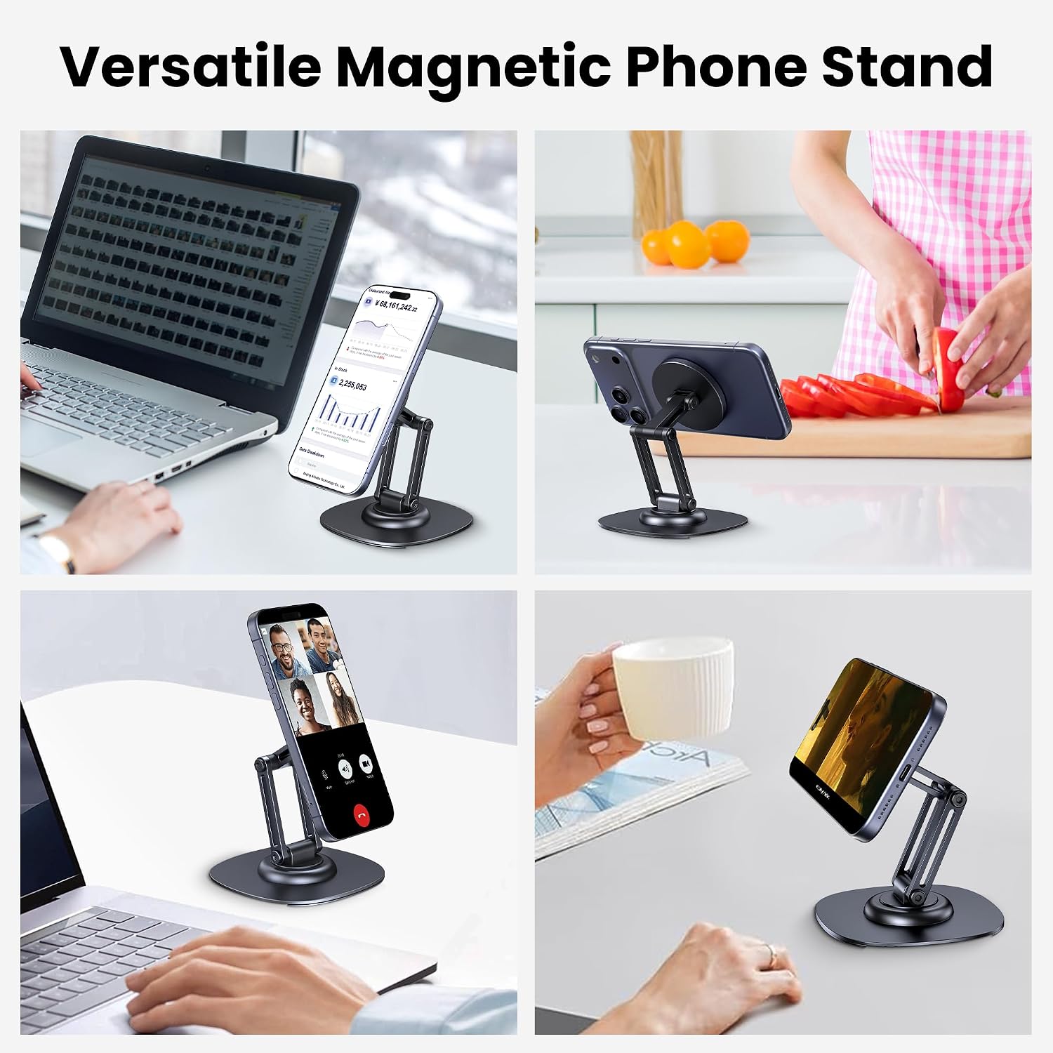 Magnetic Phone Stand, Fits for MagSafe, 360° Rotation Adjustable Strong Magnets Desk Office Kitchen Foldable Phone Holder Stand with Non-Slip Base for iPhone 17/16/15/14/13/12 Series, Black