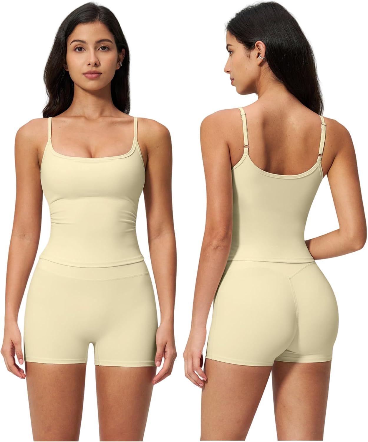 QBGJTD Women 2 Piece Workout Set Adjustable Spaghetti Straps U Back Tank Top and High Waist Booty Lifting Shorts Yoga Outfits