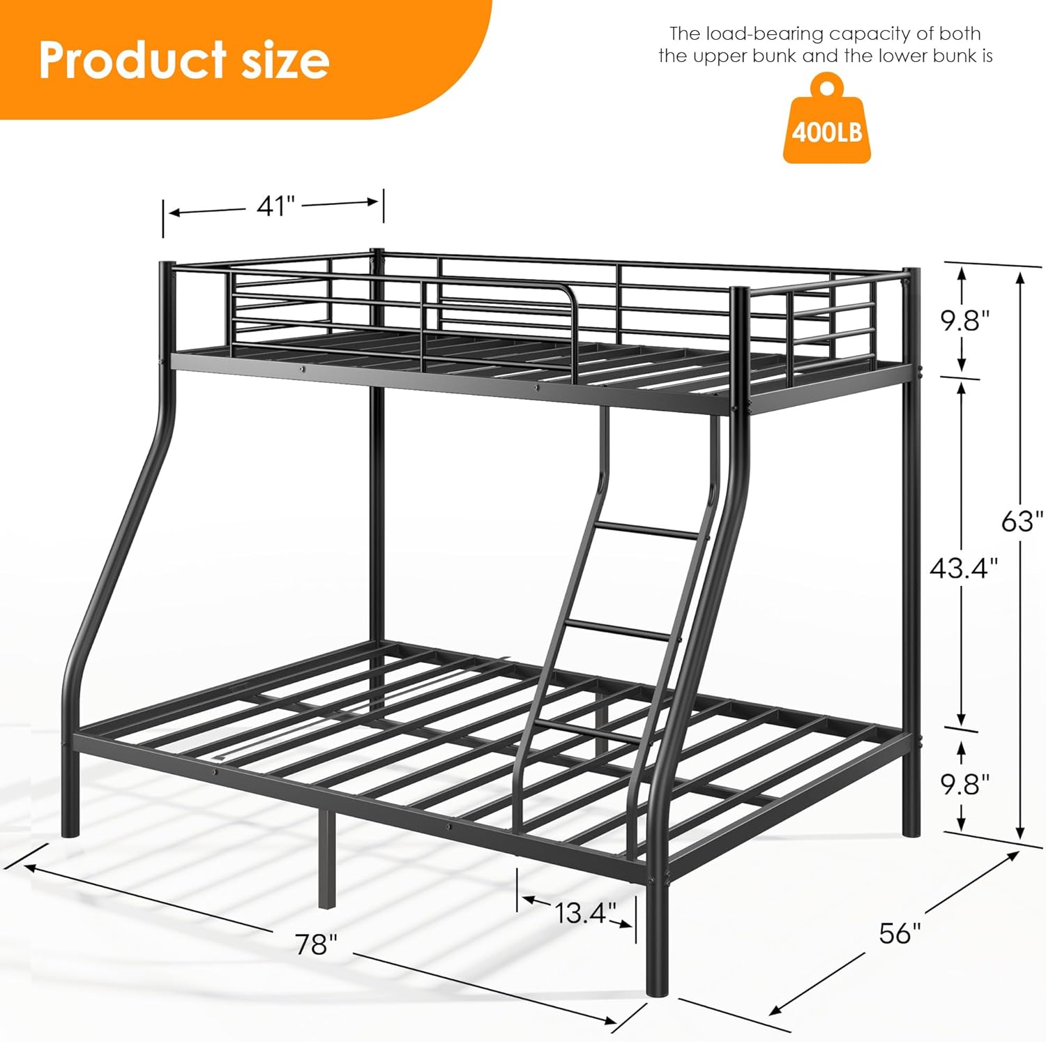 Metal Bunk Beds Twin Over Full Size with Safety Guardrai and Angled Ladder, Sturdy Material & Space Saving for Teens and Adults Bedrooms and Dorm, Noiseless No Box Spring Needed, Black
