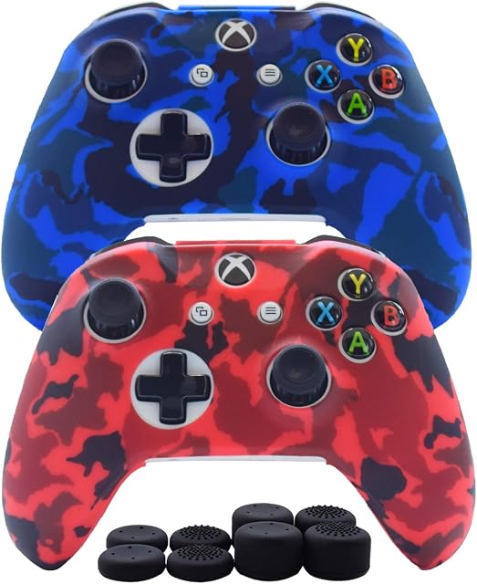 Hikfly Silicone Controller Cover Skin Protector Case Faceplates Kits for Xbox One Controller Video Games(2x Cover with 8 x Thumb Grips Caps)(Blue,Red)