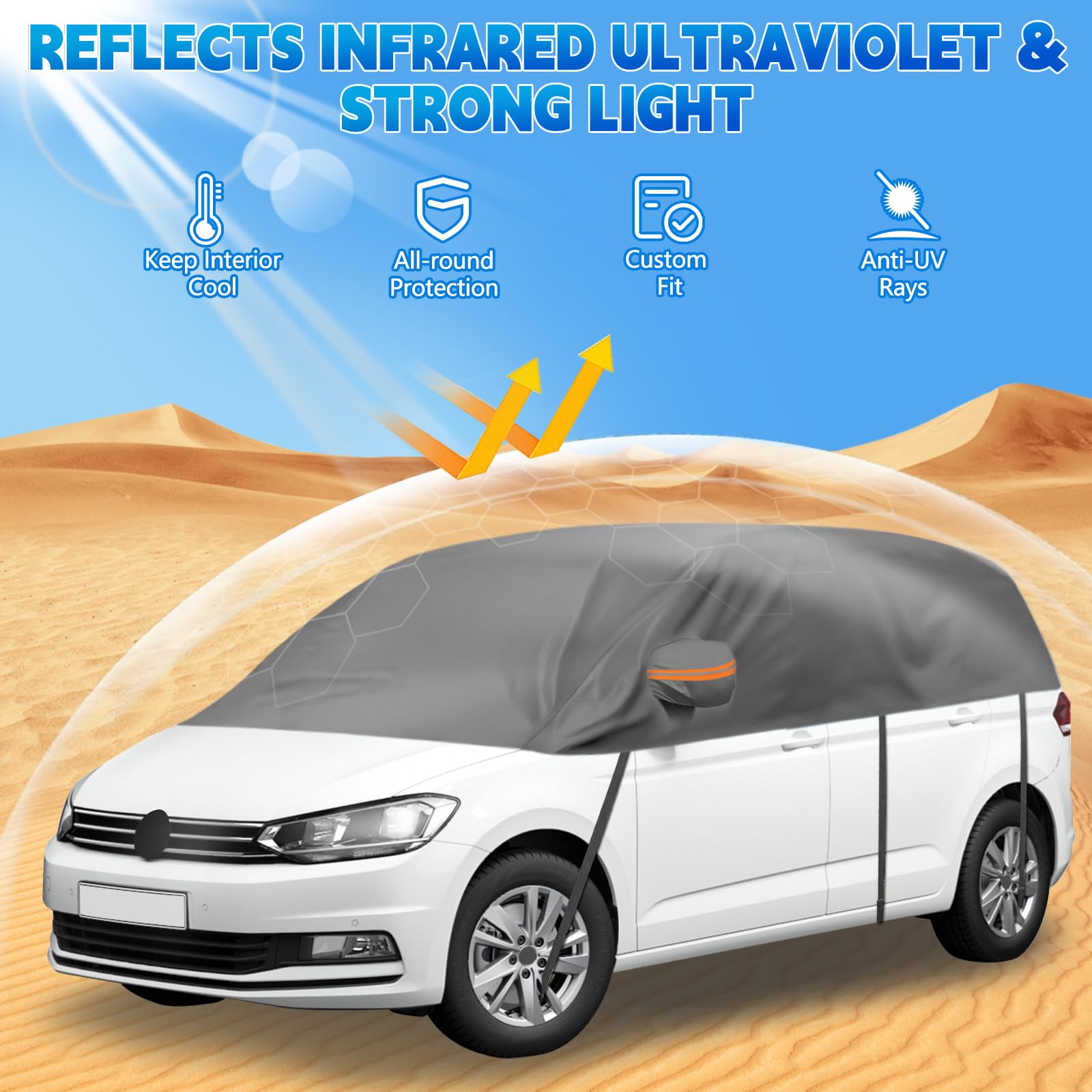 Autoabdeckung Wasserdicht Ersatz für VW Touran 2015-2024, Sonnenfest Hälfte Autoabdeckung, Halbgarage UV Beständige Halbe Auto Abdeckplane Staubdicht Schneefest Outdoor Indoor
