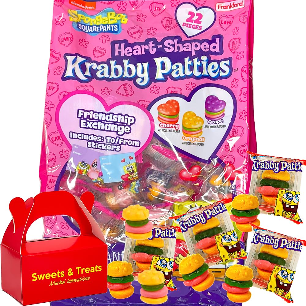 Krabby Patty Gummy Candy | Sponge Bob Individually Wrapped Heart Shaped Pattie - Plus Sticker & Muchai Box | Valentine's Day Candy Gift Basket Stuffer Classroom Friendship Exchange