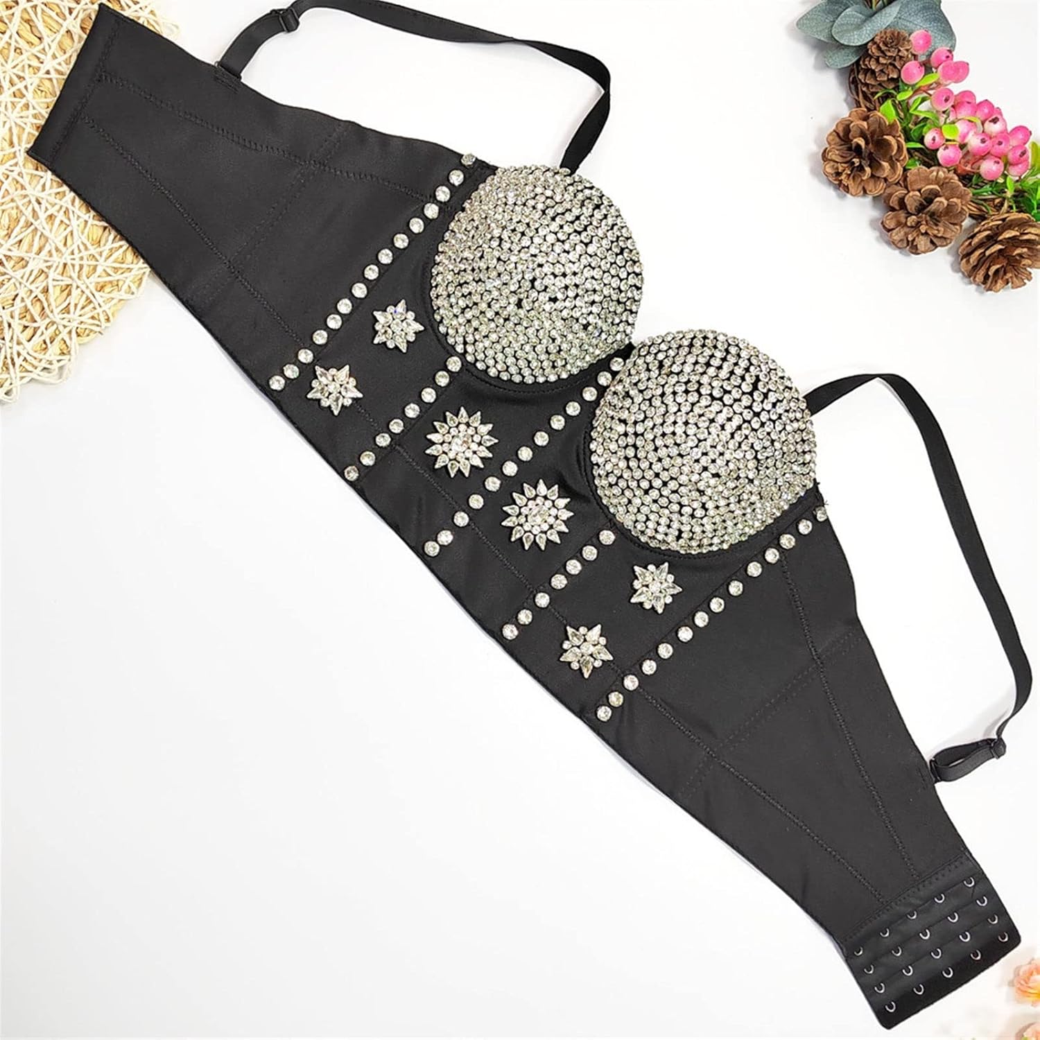 Rhinestone Corset Tops Women Mesh Push Up Bustier Bra Sexy Backless Nightclub Camisole Party Tank Top Costumes (Color : Black, Size : M(36B))