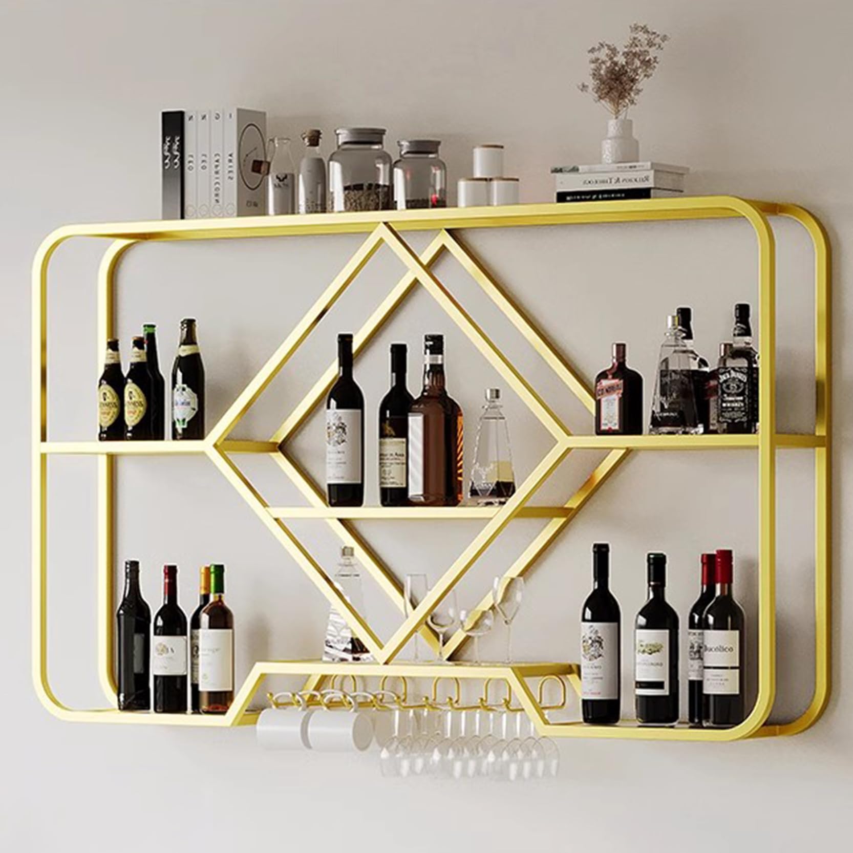 Casier à vin mural doré 120cm avec porte-verres élégant pour bar et salle à manger