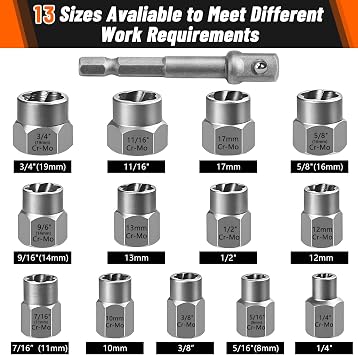 14PCS Premium Bolt Extractor Kit, Stripped Bolt Extractor Socket Set with 3/8 Inch Adapter, Easy Out Lug Nut Remover for Rusted, Rounded, Damaged Nuts Screws
