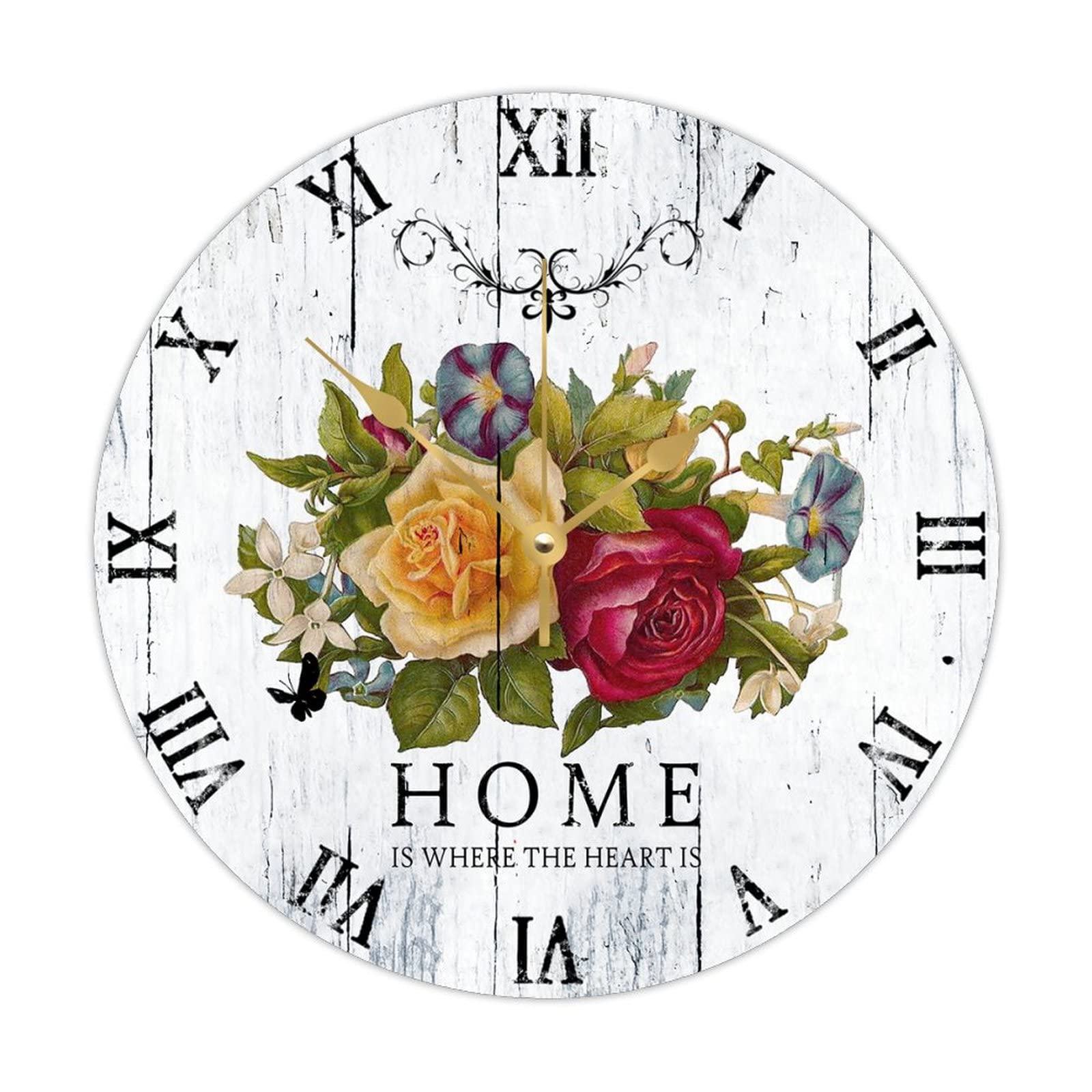 Horloge murale fleurie en bois avec mécanisme quartz silencieux