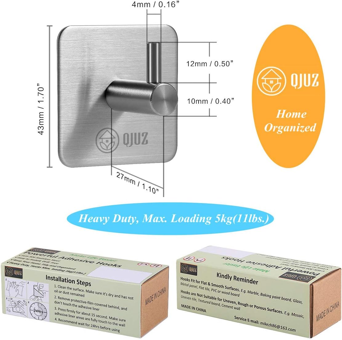 QJUZ Adhesive Hooks, Towel Hooks Heavy Duty Wall Hooks with SUS304 Stainless Steel for Bathroom Shower Kitchen Office, Ideal for Robes/Towels/Clothes/Bags/Keys/Kitchen Utensils (4Packs)
