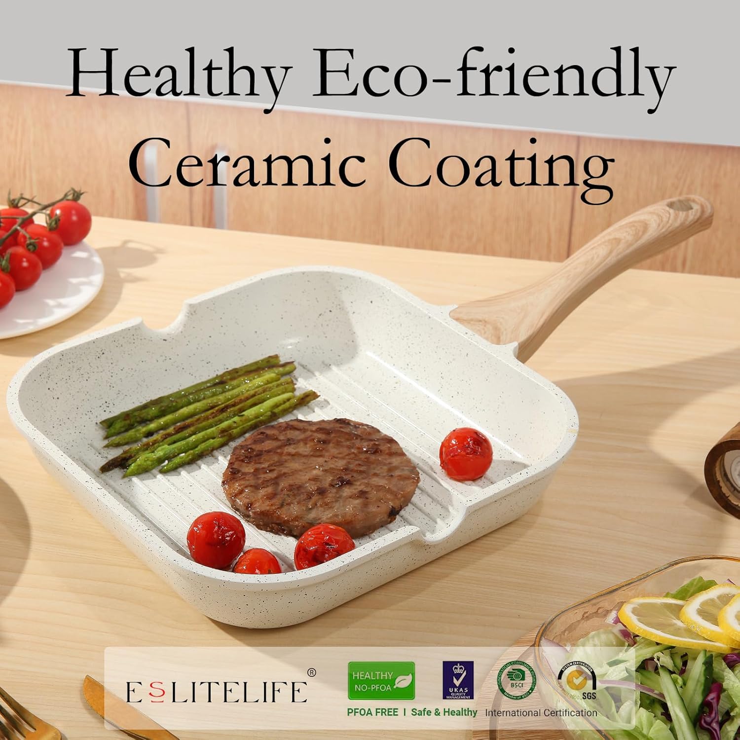 ESLITE LIFE 11 Inch Nonstick Grill Pan for Indoor Cooking, Versatile Induction Square Large Grilling Skillet Steak Pan for Stove Tops, PTFE & PFOA Free, White