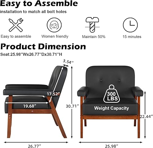Miniatura 2 de STHOUYN Silla decorativa de piel sintética de mediados de siglo con brazos de madera, silla de lectura pequeña y cómoda para espacios pequeños,