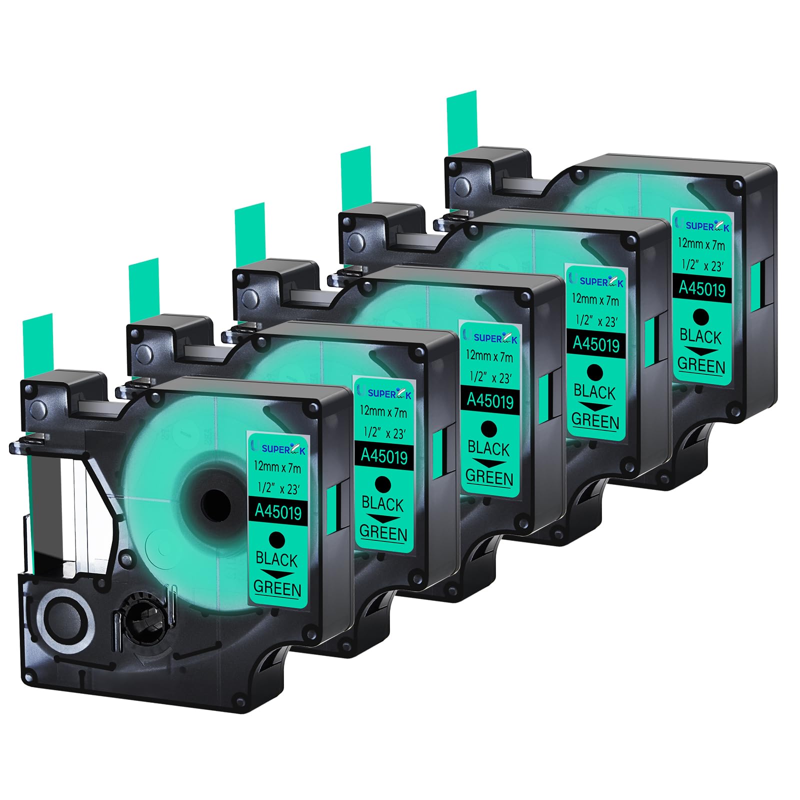 USUPERINK 5 Pack Compatible for Dymo D1 Label Tape 45019 S0720590 Refill Black on Green 1/2 inch x 23 feet Labeling Tape for LabelManager PnP 160 210D