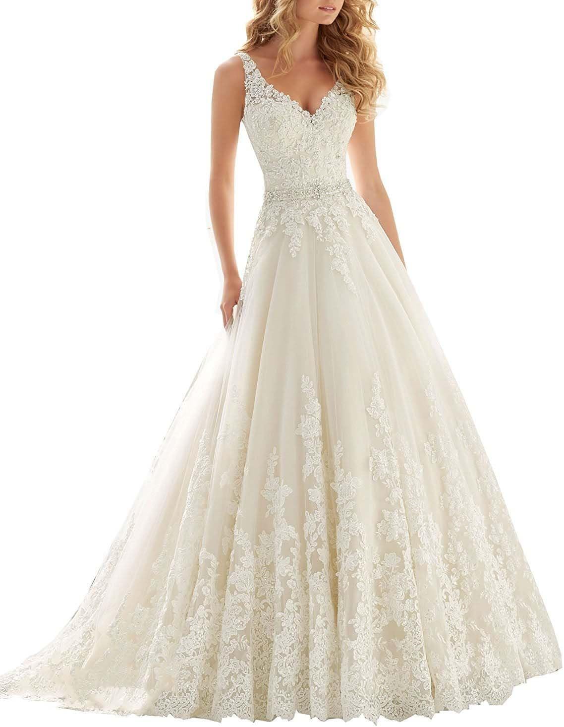 MJBridal Women's V Neck Lace Wedding Dress Beaded Applique Backless Bride Bridal Gown