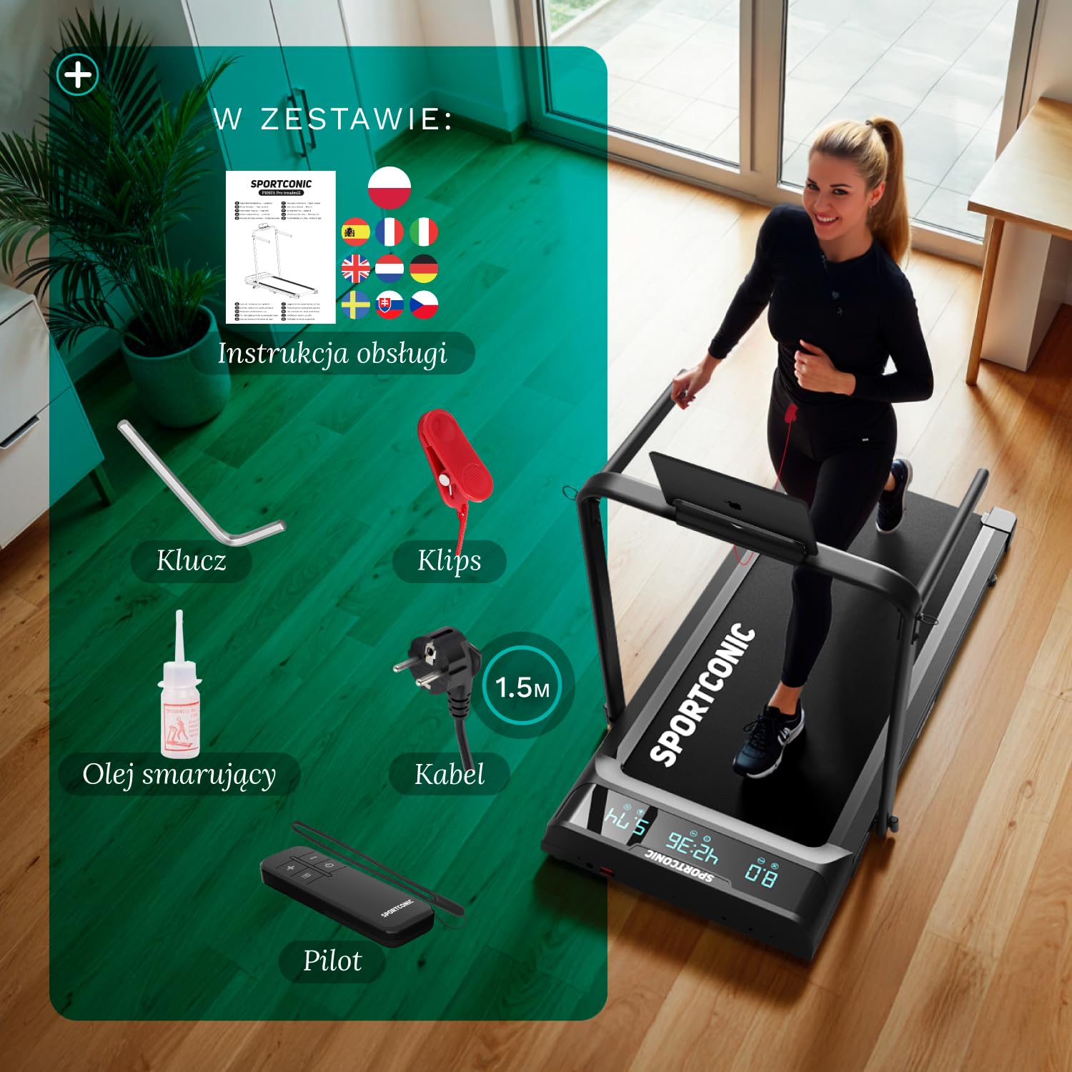 Sportconic Bieżnia do Domu z Nachyleniem, Walking Pad, Kompaktowa i Cicha Bieżnia, Bieżnia pod Biurko do Chodzenia i Biegania