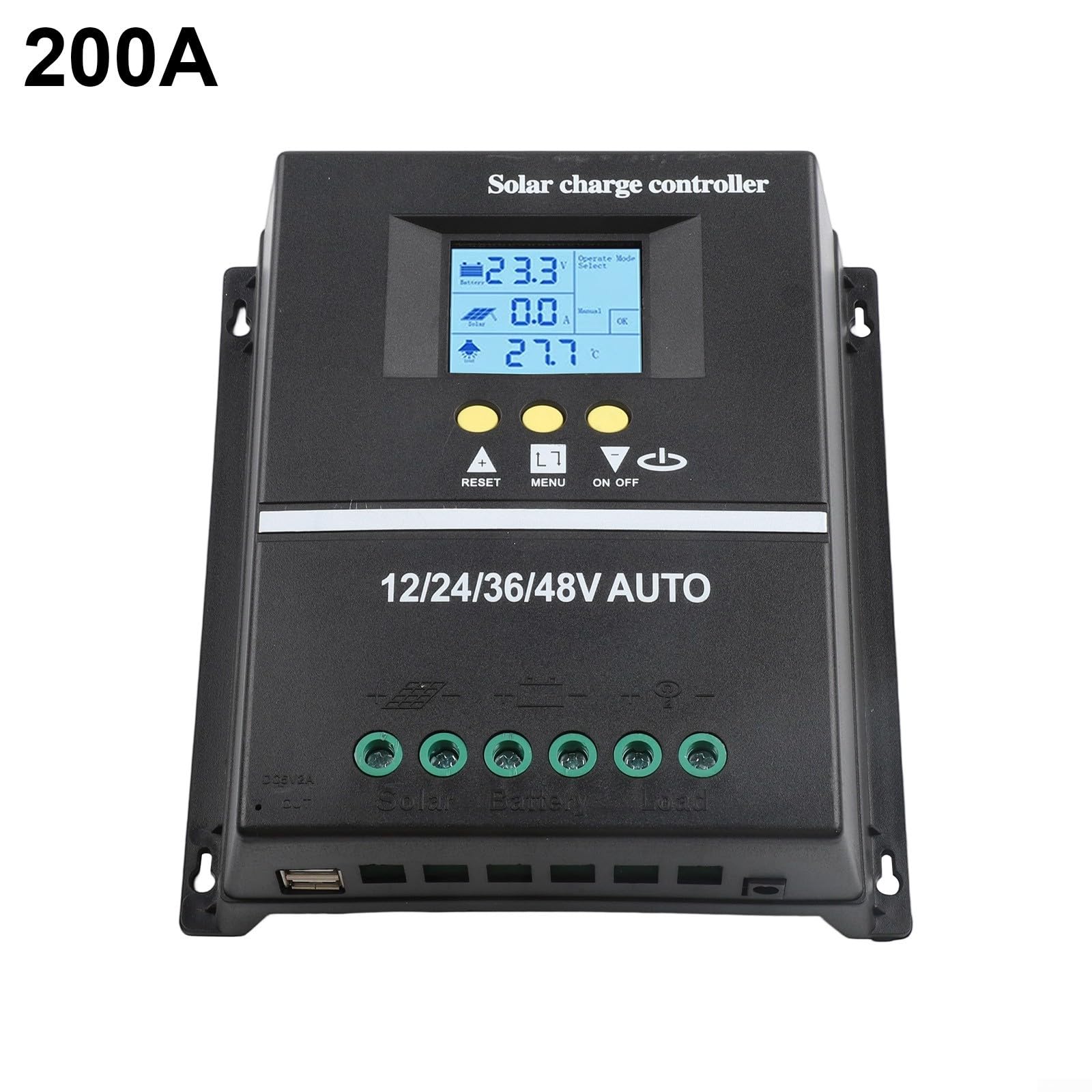Regulador de carga solar MPPT de 200 A con pantalla LCD para sistema de batería de 12 V/24 V/36 V/48 V, puertos USB duales, controlador de panel solar con 7 modos de funcionamiento protección