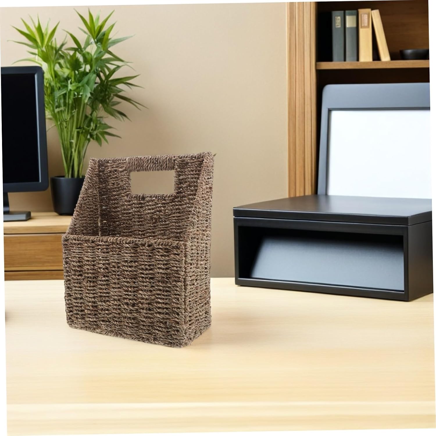 Alipis Handwoven Woven Magazine Holder with Built-in Handle for Organizing Magazines and Mail, Wall Mounted Beige Grass Basket with Slanted Opening, for Reading Room or Bathroom Storage