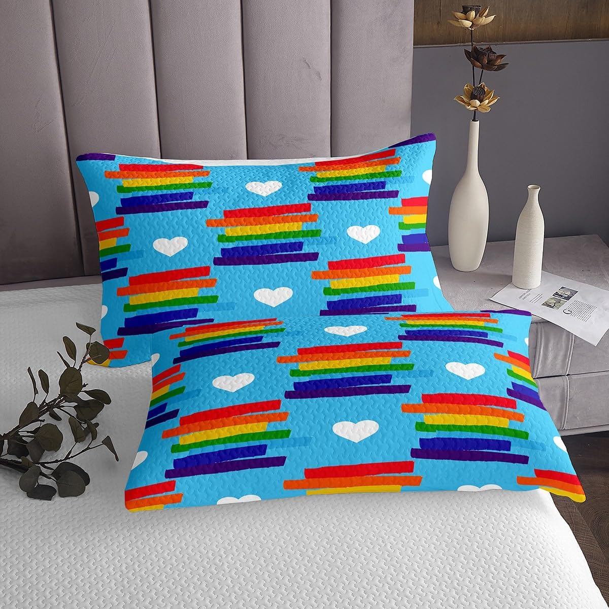 Erosebridal Love Theme Coverlet Set Rainbow Stripe Bedding Twin Size, LGBT Pride Bedspread Set Gays Lesbians Love Quilt Set, Colorful Polka Dots Bed Set July Month Gifts 2 Pieces