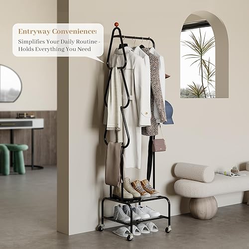 Vista 3 de Perchero de metal para ropa con ruedas y estantes, estantes de ropa portátiles rodantes para colgar ropa, solución de almacenamiento independiente