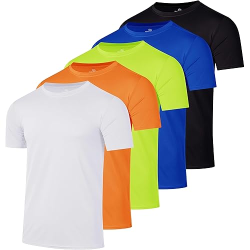 Real Essentials 5 Pack: Men’s Short Sleeve Dry Fit Active Crew Neck T Shirt - Athletic Running Gym Workout Tee Tops