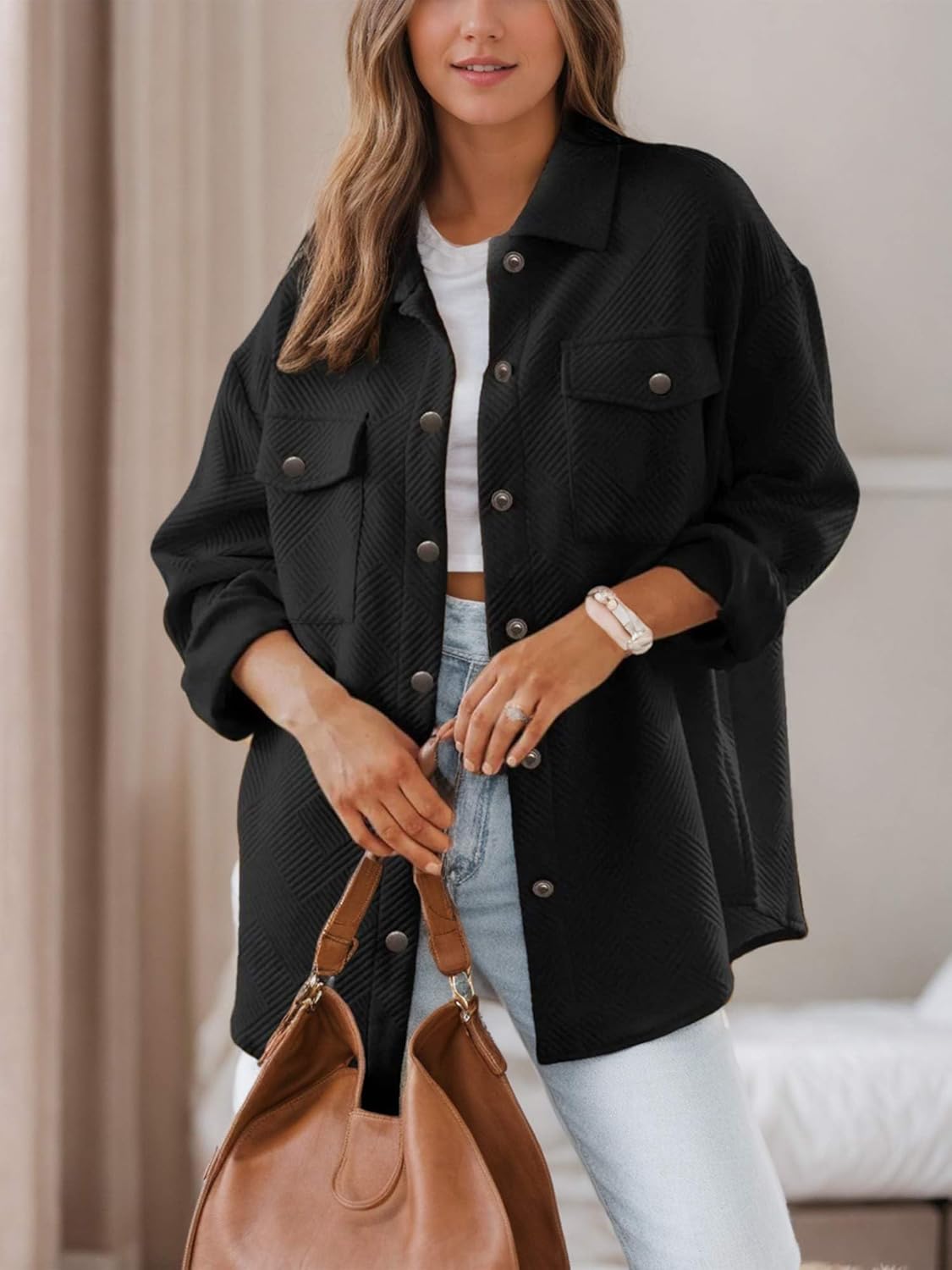 Women's Button Down Shacket Jacket - Casual Long Sleeve Oversized Shirt with Pockets for Spring Fall - Image 2