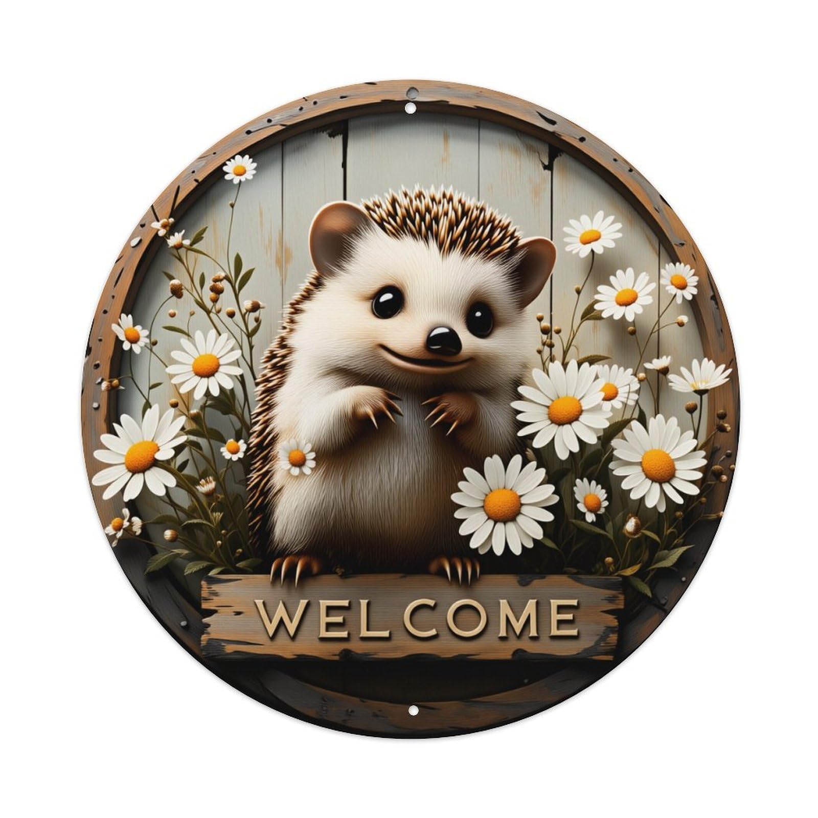 Hedgehog Daisies Welcome Sign Wooden Art Round Vintage Tin Sign,Retro Wall Art,Metal Poster for Home, Bar, Garage, Cafe, Rustic Indoor & Outdoor Decor, 8x8 Inches