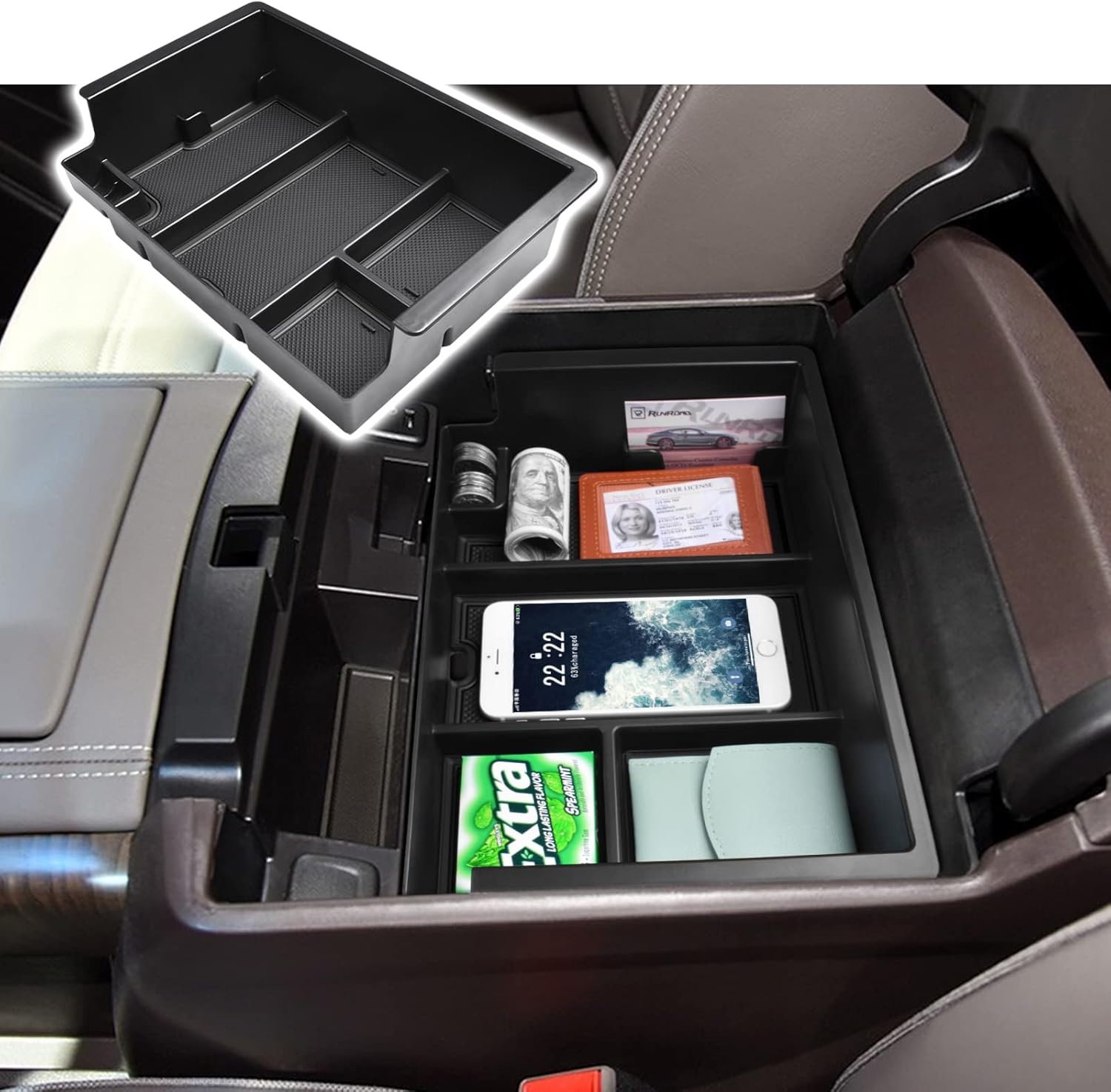 RUNROAD Upgraded Console Organizer Tray Compatible with Chevy Silverado/GMC Sierra 1500(2014-2018) and Silverado/Sierra 2500/3500HD(2015-2019) and Tahoe/Suburban/Yukon/Yukon XL(2015-2020), Black Line