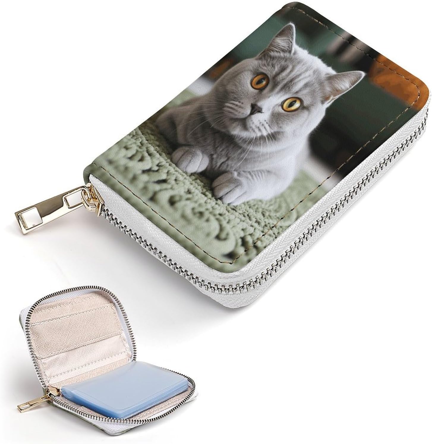Leather Card Organizer Case Card Wallet Credit Card Holder Cat on Carpet Printed Zipper Card Cases Holder for Women Men