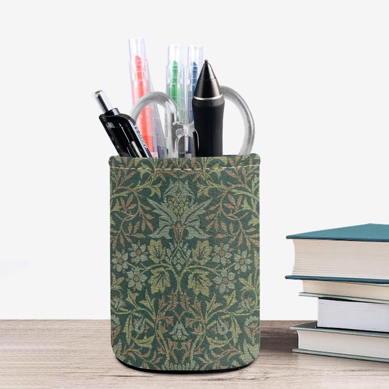 Buxolandt William Morris Flower Print Pen Holder PU Leather Pencil Cup Container Desk Organizer Stand Decor Makeup Brush Scissor Holder Office Desk Home Decoration Office Supplies Accessories - Image 4